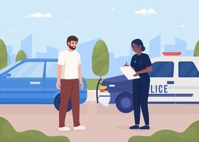 Worried bearded man pulled over by police officer flat color vector illustration. Writing out traffic ticket for violation. Fully editable 2D simple cartoon characters with cityscape on background