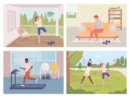 Exercising and injury during training flat color vector illustrations set. Active lifestyle. Fully editable 2D simple cartoon characters collection with interior and exterior on background