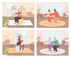 Exercising for elderly people flat color vector illustrations set. Staying active and healthy. Fully editable 2D simple cartoon characters collection with home interiors on background