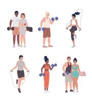 Sportive lifestyle semi flat color vector characters set. Editable figures. Full body people on white. Exercising simple cartoon style illustrations pack for web graphic design and animation