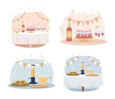 Bachelor and bachelorette party 2D vector isolated illustration set. Festive food on table flat compositions on cartoon background. Colourful editable scene pack for mobile, website, presentation