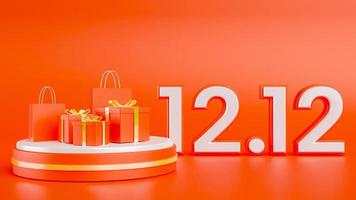 3d render 12.12, caja de regalo, bolsa de papel y podio con fondo naranja para medios promocionales. anuncios de compras foto