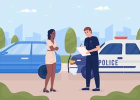 joven mujer enojada detenida por un oficial de policía ilustración vectorial de color plano. escribir una multa por exceso de velocidad por infracción. personajes de dibujos animados simples 2d totalmente editables con paisaje urbano en el fondo vector