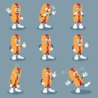 mascota de hot dog con diferentes emociones ambientadas en un vector de estilo de dibujos animados. personaje divertido ilustración de la figura. emojis de personajes emoticono de dibujos animados.