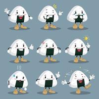 Kawaii Onigiri Mascot with Different Emotions set in Cartoon Style Vector. Funny Character. Figure Ilustration. Character Emoji. Cartoon Emoticon. vector