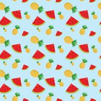 Seamless pattern with yellow pineapples and juicy watermelon in flat vector. Cute vector background. Bright summer fruits illustration. Fruit mix design for fabric and decor.