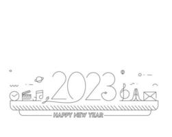 Texto de feliz año nuevo 2023 con patrón de diseño de iconos de música, ilustración vectorial. vector