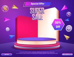 Super Sale Podium With Discount Offer On Purple Background. Vector illustration