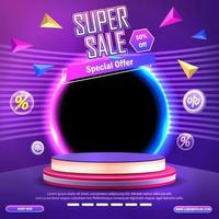 Super Sale Podium With Discount Offer On Purple Background. Super sale promo banner neon style template on abstract background. Vector illustration