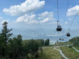 Aerial view of the mountain valley and the village of Manzherok from the funicular, Altai, Russia photo