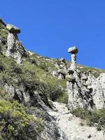 Stone mushrooms in the Akkurum tract against blue sky, the rock formations of a bizarre shape, Altai, Russia photo