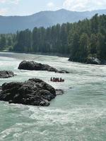 People on a catamaran are rafting down the Katun River, Altai, Russia photo