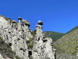 Stone mushrooms in the Akkurum tract against blue sky, the rock formations of a bizarre shape, Altai, Russia photo