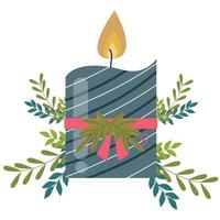 Christmas candle with ribbon and leaves. Vector illustration