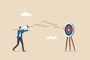 Communicate or advertising to target audience, marketing campaign or promotion to hit business goal or target customer concept, businessman marketer talk on megaphone with archer hit target bullseye. vector