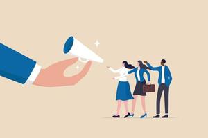Encourage employee voice, advocacy or support opinion, assistance or help, listen to ideas or communication, staff encouragement concept, businessman hand offer megaphone for employee to speak out. vector