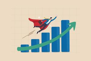 Growth or growing business success, increase sales or career improvement, earn more investment profit or earning, rising up or up trend concept, businessman superhero fly up exponential growth chart. vector