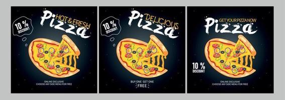 publicación de pizza y diseño de plantilla de banner web. conjunto de banner web, volante o afiche con acento negro para la promoción de la oferta de pizza vector