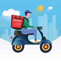 Food delivery guy online food deliver door to door service vector