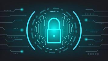 digital padlock with HUD virtual screen and green lighting on dark background. cyber security technology and privacy data protection concept vector