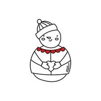 Cute snowman holds a heart in his hands. Snowman doodle drawing. Vector christmas illustration