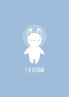 Cute white sad bunny in space suit on blue monday vector