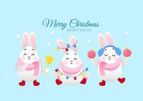 Three cute Christmas bunnies on a blue background and it's snowing vector