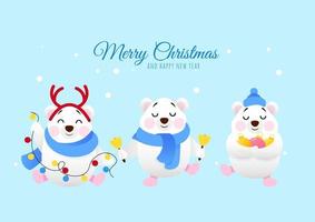 Three cute bears wish Merry Christmas and Happy New Year vector