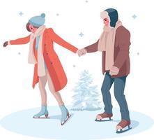 pareja patinando en una pista de patinaje sobre hielo en el parque. ilustración vectorial vector