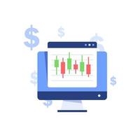 Stocks market graph chart on laptop screen. Technical analysis candlestick chart. Global stock exchanges index. Forex trading concept. Trading strategy vector