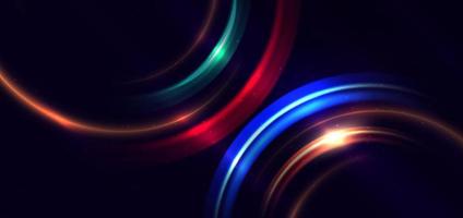 Abstract technology futuristic neon circle glowing blue, green and red light lines with speed motion blur effect on dark blue background. vector