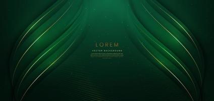 Abstract 3d gold curved green ribbon on dark green background with lighting effect and sparkle with copy space for text. Luxury design style. vector