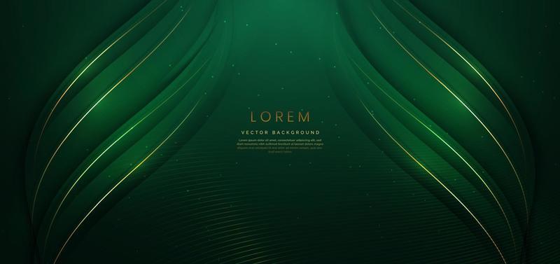 Abstract 3d gold curved green ribbon on dark green background with lighting effect and sparkle with copy space for text. Luxury design style.