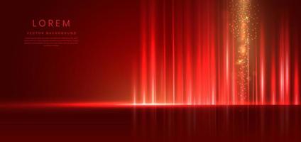 tecnología abstracta líneas verticales de franja roja clara futurista luz sobre fondo rojo con brillo de efecto de iluminación dorada. vector