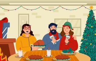 fiesta de adultos con comida y bebida en la noche navideñas vector