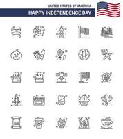 25 USA Line Pack of Independence Day Signs and Symbols of tourism golden wine gate usa Editable USA Day Vector Design Elements