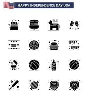 Modern Set of 16 Solid Glyphs and symbols on USA Independence Day such as american buntings donkey wine glass beer Editable USA Day Vector Design Elements