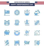 16 USA Blue Signs Independence Day Celebration Symbols of city bridge muffin mortar cannon Editable USA Day Vector Design Elements