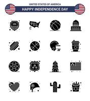 feliz día de la independencia 4 de julio conjunto de 16 glifos sólidos pictograma americano de hotdog usa football edificio emblemático elementos de diseño vectorial editables del día de usa vector