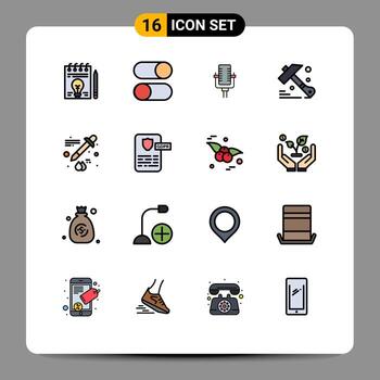 Modern Set of 16 Flat Color Filled Lines Pictograph of dropper tool settings hammer song Editable Creative Vector Design Elements