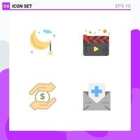 Group of 4 Modern Flat Icons Set for moon currency night movie hand Editable Vector Design Elements