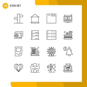 Pack of 16 creative Outlines of pass youtube shack screen computer Editable Vector Design Elements