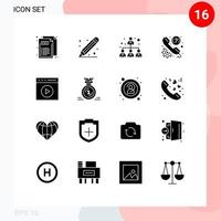 Group of 16 Modern Solid Glyphs Set for media play support business phone faq Editable Vector Design Elements