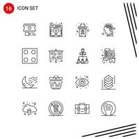 16 Universal Outlines Set for Web and Mobile Applications kitchen intelligence light bulb brain cancer day Editable Vector Design Elements