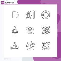 Group of 9 Outlines Signs and Symbols for travel speedup learning spaceship lifebuoy Editable Vector Design Elements