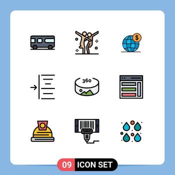 9 User Interface Filledline Flat Color Pack of modern Signs and Symbols of view text dollar left international Editable Vector Design Elements