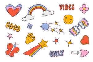 Retro 70s style stickers, y2k, groovy, flowers, butterflies, rainbow, satellite, stars vector