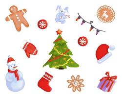 Watercolor set of Christmas symbols, garland, snowman, Santa hat, Christmas tree, rabbit, gift box, cookies vector