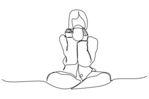 Hygge life style. Continuous one line drawing of a girl or woman. Drawing design Concept for Mood of coziness and comfortable conviviality with feeling of wellness and contentment. vector