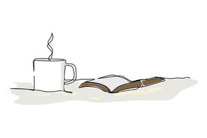 sale humo de una taza de café caliente y un libro sobre la cama blanda. un tipo de diseño dibujado a mano de dibujo de línea continua para el concepto hygge vector